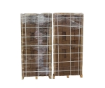 Two shrink-wrapped pallet containing 440 5kg Gro Med compressed coir bricks, tightly stacked and secured with plastic wrap and strapping
