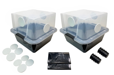 Growers Select SMALL Mushroom Monotub Fruiting Chamber with Filter Disks and Liner 28Q (2-Pack) Max Yield Bins, Monotubs, bulk grow, filter disks, pre-cut UV-Sterilized black liner, locking handles, pre-drilled air exchange holes, polyfil disks, fruiting chamber, cultivate mushrooms, large clusters, plastic tub, tight-fitting lid, ventilation, humidity control, regulated setting, stable temperatures, high humidity levels, frequent misting, fanning, healthy fruiting bodies, popular method, mushroom cultivation, simple construction, large yield