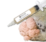 Close-up of a clear liquid culture syringe labeled ‘Myco Labs Liquid Culture Syringe,’ positioned next to a dense block covered with clusters of Pink Lion's Mane Mushrooms