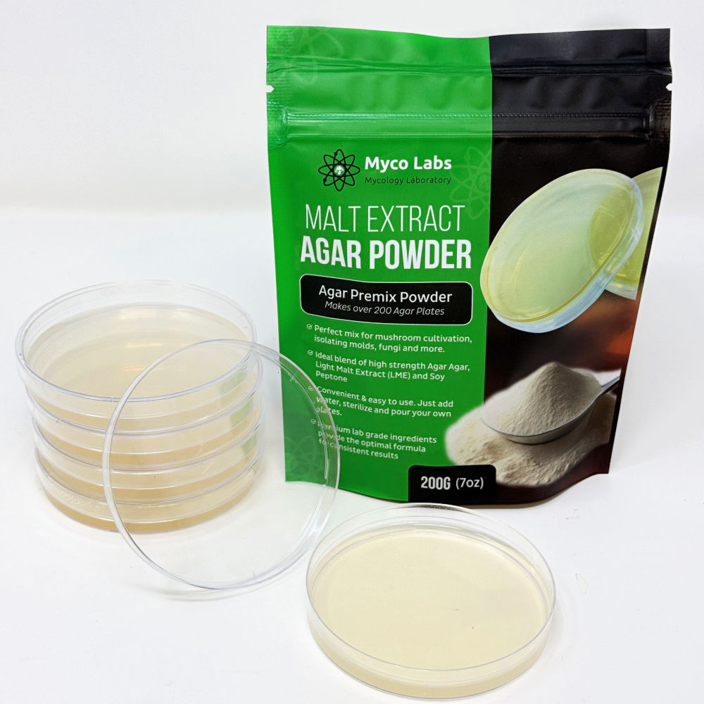 Myco Labs Light Malt Extract (LME) Agar Powder Blend - Makes 200+ Agar Plates 200g (7oz)   Light malt extract agar powder, myco labs malt extract agar, agar powder blend, malt extract agar for mycelium, LME agar plates, mycology agar powder, agar mix for mushrooms, mycelium growth medium, pre-mixed agar powder, mycology supplies, mushroom agar powder, premium agar powder, soy peptone agar, lab-grade agar powder, mushroom cultivation agar, nutrient-rich agar mix, culturing mycelium medium, mycology tools, agar powder for mushroom cloning, high-yield agar mix, DIY agar plates, mushroom growth agar, mycology lab supplies, easy agar preparation, sterilized agar medium