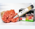 Close-up of a clear liquid culture syringe labeled ‘Myco Labs Liquid Culture Syringe’ placed next to a vibrant cluster of bright pink oyster mushrooms with layered caps