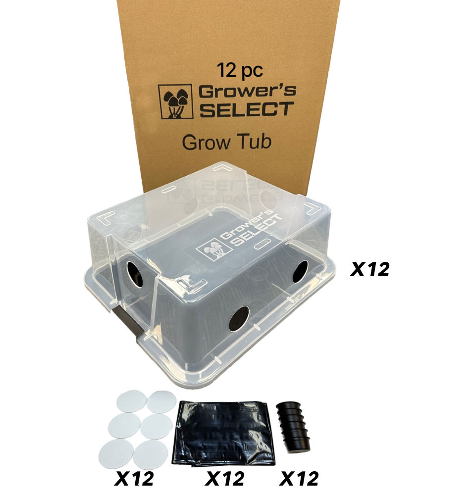 Wholesale Lot Growers Select Monotub Fruiting Chambers with Filter Disks and Liners (12-Pack) Max Yield Bins, Monotubs, bulk grow, filter disks, pre-cut UV-Sterilized black liner, locking handles, pre-drilled air exchange holes, polyfil disks, fruiting chamber, cultivate mushrooms, large clusters, plastic tub, tight-fitting lid, ventilation, humidity control, regulated setting, stable temperatures, high humidity levels, frequent misting, fanning, healthy fruiting bodies, popular method, mushroom cultivation, simple construction, large yield