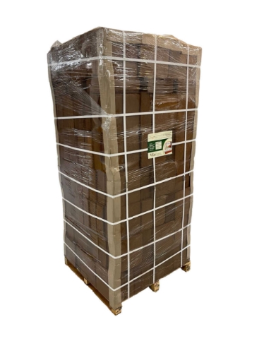 A tall, shrink-wrapped pallet containing 220 5kg Gro Med compressed coir bricks, tightly stacked and secured with plastic wrap and strapping